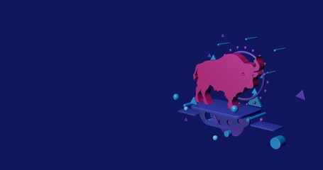 Poster - Pink buffalo symbol on a pedestal of abstract geometric shapes floating in the air. Abstract concept art with flying shapes on the right. 3d illustration on indigo background