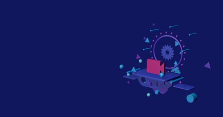 Poster - Pink video camera symbol on a pedestal of abstract geometric shapes floating in the air. Abstract concept art with flying shapes on the right. 3d illustration on indigo background
