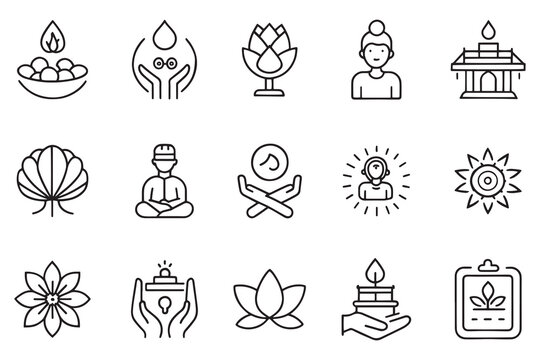 Meditation, health related editable stroke outline icon set flat vector illustration