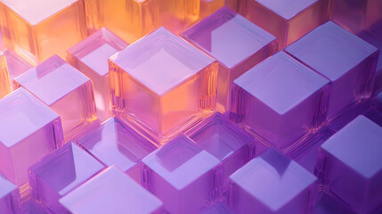 Poster - violet and orange, translucent cubes neatly constructed to create a contemporary tech wallpaper. 3d 