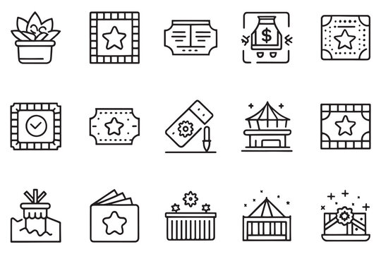 Ticket, magician, concert, event related editable stroke outline icon set flat vector illustration