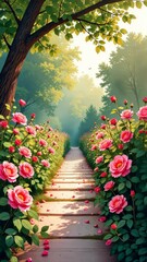 Poster - A path with pink flowers and a tree. The path is made of stone