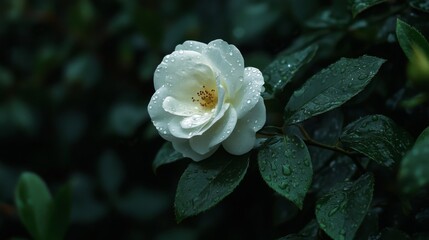 Poster - An artistic composition of a single white rose with dew drops, surrounded by dark green leaves, creating a beautiful contrast that highlights the flowers purity.