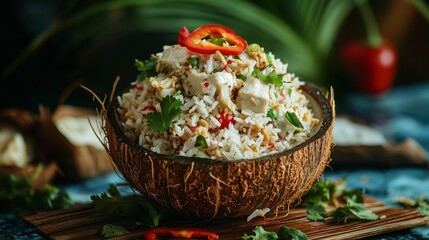 Poster - An artistic shot of fried rice being served in a coconut shell, topped with sliced chili and fresh cilantro, capturing the tropical essence of this dish.