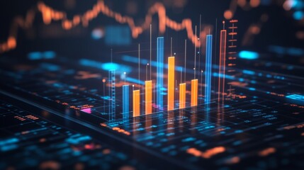 Poster - A D bar graph with bright, metallic bars showing financial data in a minimalist setting, with a modern, sleek digital interface in the background.