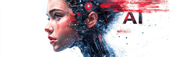 Poster - Futuristic female humanoid robot with realistic face AI inscription on the head,symbolizing advanced robotics,artificial intelligence,the integration of human-like machines society.banner,copy space
