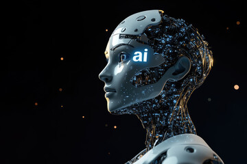 Poster - cybernetic AI humanoid robot with futuristic mechanical face,artificial intelligence interface. Concept of robotics, machine learning,advanced cybernetics.copy space,banner.mock up