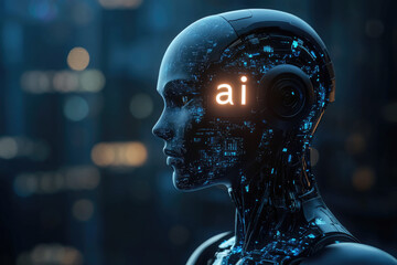 Poster - cybernetic AI humanoid robot with futuristic mechanical face,artificial intelligence interface. Concept of robotics, machine learning,advanced cybernetics.copy space,banner.mock up