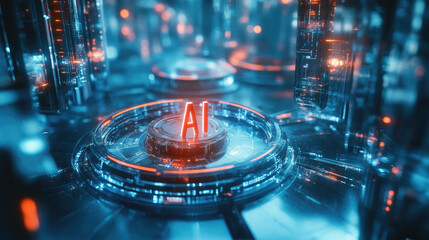 Poster - Glowing AI core in a futuristic digital environment, representing artificial intelligence, data processing, and cyber technology with advanced computing circuits and holographic interfaces.