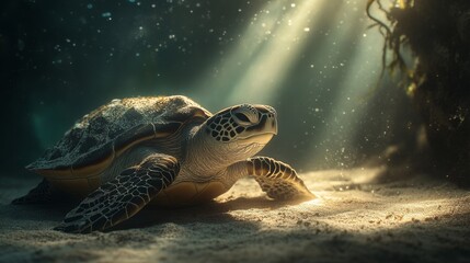 Poster - A close-up of a sea turtle resting on a sandy ocean floor, with sunlight filtering through the water, illuminating its textured shell and serene expression.