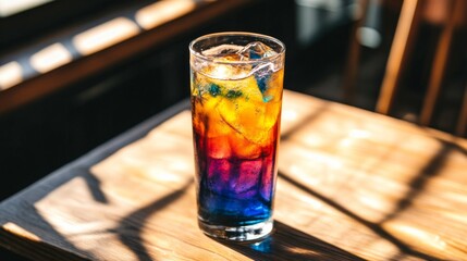 Poster - A close-up of a tall glass of colorful soda with vibrant bubbles, placed on a wooden table, with sunlight streaming through a nearby window.