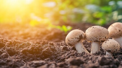 Aufkleber - A close-up of mushrooms growing in a farm setting, with a focus on the rich soil and healthy mycelium, showcasing the cultivation process of these nutritious fungi.