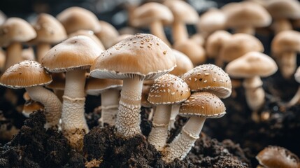 Aufkleber - A close-up of mushrooms growing in a farm setting, with a focus on the rich soil and healthy mycelium, showcasing the cultivation process of these nutritious fungi.