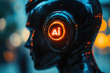 Poster - Close-up of a cybernetic AI humanoid robot with a futuristic mechanical face,detailed metallic design, artificial intelligence interface. Concept of robotics, machine learning, advanced cybernetics.