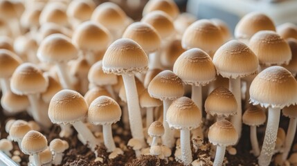 Aufkleber - A close-up of mushrooms growing in a farm setting, with a focus on the rich soil and healthy mycelium, showcasing the cultivation process of these nutritious fungi.