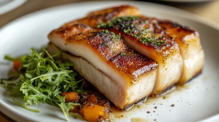 Poster - A close-up of succulent pork belly with crispy skin, sliced into thick pieces and served on a clean white plate, with a side of fresh greens.