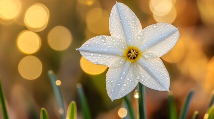 Poster - A delicate image of a white daffodil with dew drops on its petals, set against a blurred natural background, emphasizing its beauty and the freshness of spring.