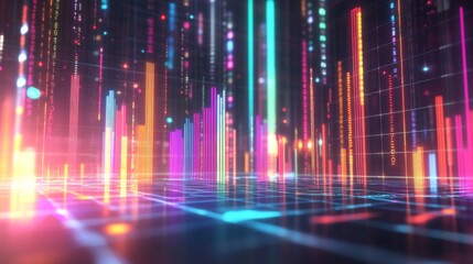 Leinwandbilder - A futuristic financial D bar graph showing rising bars in bright colors, floating against a digital grid background with financial symbols.
