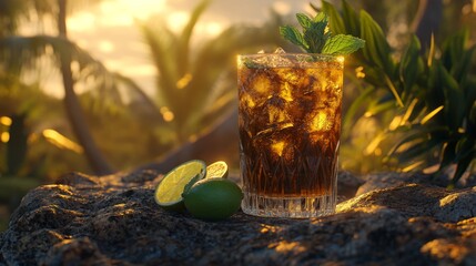 Poster - A highball glass filled with soda, garnished with fresh mint leaves and lime slices, resting on a textured stone surface with soft lighting.