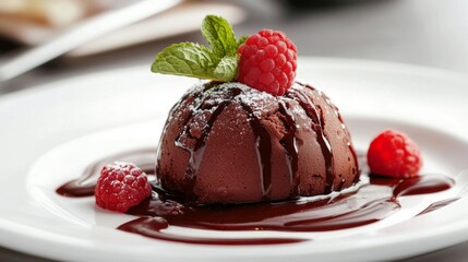 Poster - A luxurious chocolate dessert plated with a drizzle of raspberry sauce and garnished with mint leaves, showcasing a refined and indulgent culinary creation.