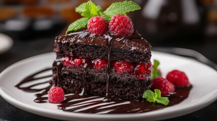 Poster - A luxurious chocolate dessert plated with a drizzle of raspberry sauce and garnished with mint leaves, showcasing a refined and indulgent culinary creation.