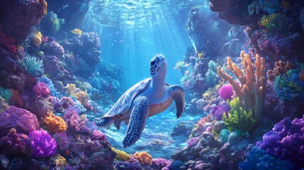 Poster - A peaceful image of a sea turtle resting on a rocky seabed, with soft corals and colorful sponges surrounding it, showcasing the beauty of marine habitats.