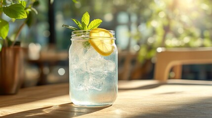 Poster - A refreshing soda served in a mason jar with ice, topped with a lemon slice and mint, sitting on a rustic wooden table in natural light.