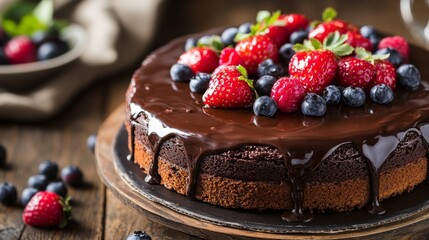 Poster - A rich, glossy chocolate cake topped with luscious ganache and fresh berries, beautifully presented on a wooden table, showcasing indulgence and elegance.