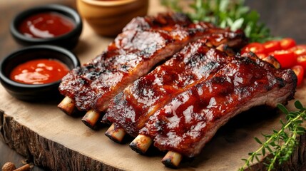 Poster - A savory scene of grilled pork ribs placed on a decorative platter, with dipping sauces and fresh veggies arranged artfully around the dish, highlighting flavor combinations.
