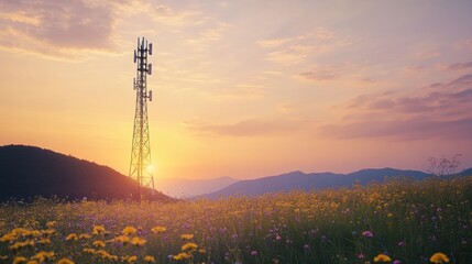 Poster - A serene image of a cell phone tower standing tall among a field of wildflowers, illustrating the harmony between technology and nature in rural settings.