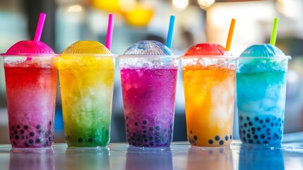 Poster - A vibrant display of different bubble tea flavors in clear cups, each topped with colorful lids and filled with ice, showcasing the variety of this popular drink.