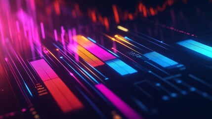Poster - Close-up of a colorful business graph with bars and lines, displaying financial growth and market trends, with soft lighting highlighting the data.