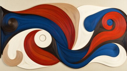 Poster - Abstract art piece featuring swirling blue, red, and beige forms on a textured off white background. The artwork displays organic shapes and a dynamic composition.