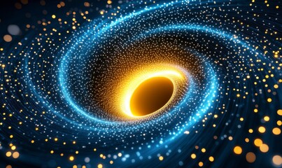 Poster - Abstract swirling galaxy with blue and gold particles. Dark background, glowing center. Cosmic energy vortex.