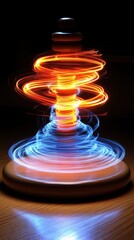 Poster - Abstract swirling light trails in blue, orange, and red around a wooden spinning top on a dark background. Long exposure photography creates dynamic light patterns.