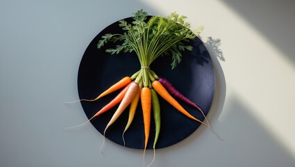 Poster - vibrant assortment of heirloom carrots displayed on a rustic black plate in natural light