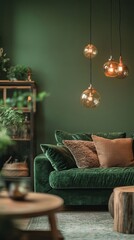 Poster - A stylish living room features a plush green sofa adorned with an array of textured pillows. Warm, pendant lights enhance the cozy atmosphere, complemented by decorative plants