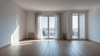Poster - Bright and spacious empty room with panoramic windows and wooden flooring in a modern building during daytime
