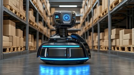 Poster - futuristic black robot with blue lights in a warehouse aisle, surrounded by stacked cardboard boxes.