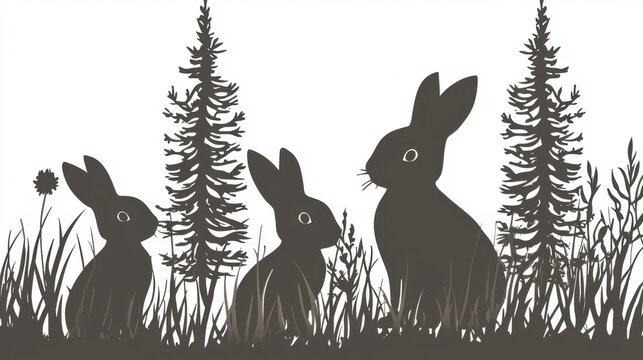 Cute rabbit family in a forest silhouette, black vector icon with pine trees, adventure, hunting, and camping theme.