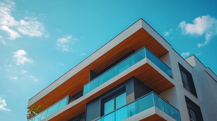 Poster - A contemporary luxury house features a striking facade with sleek lines and expansive glass balconies