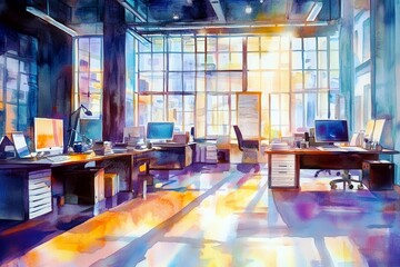 Poster - Bright and Modern Office Workspace with Large Windows and Artistic Lighting Effects in a Contemporary Setting