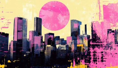 Poster - Abstract urban cityscape with vibrant colors, artistic textures, and large pink circle on yellow background, creating a modern and energetic atmosphere.