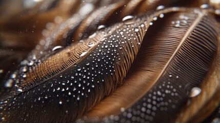 Poster - Close up of brown feathers covered in water droplets, showcasing intricate details and textures. Soft lighting enhances the delicate nature of the feathers.