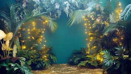 Poster - Lush Tropical Jungle Scene with Glittering Background and Soft Fairy Lights Ideal for Events and Photography Backdrops