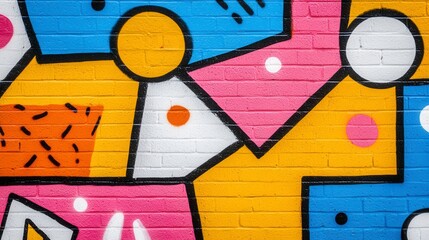 Poster - Vibrant geometric street art on a brick wall. Colorful shapes and patterns in pink, blue, yellow, and white. Bold lines and playful designs create a dynamic composition.