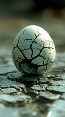 Poster - Close up of a cracked, off white egg resting on a dark, textured surface. The cracks are dark and spiderweb like, suggesting fragility and potential rebirth.