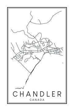 Hand drawn printable downtown road map poster of the Canadian town of CHANDLER on solid white background with town name