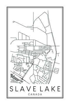Hand drawn printable downtown road map poster of the Canadian town of SLAVE LAKE on solid white background with town name