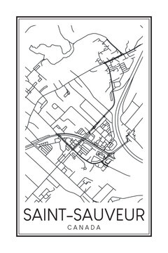 Hand drawn printable downtown road map poster of the Canadian town of SAINT-SAUVEUR on solid white background with town name